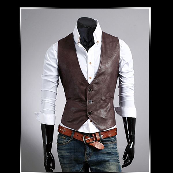 

2018 new men leather dress vest autumn spring style fashion sleeveless jacket casual brown black vest men slim pu, Black;white