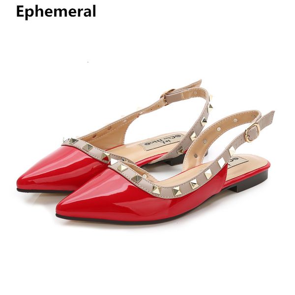 

ladies rivets back strap mixed colors pointy toe sandals for dress office shoes patent leather plus size 48, Black