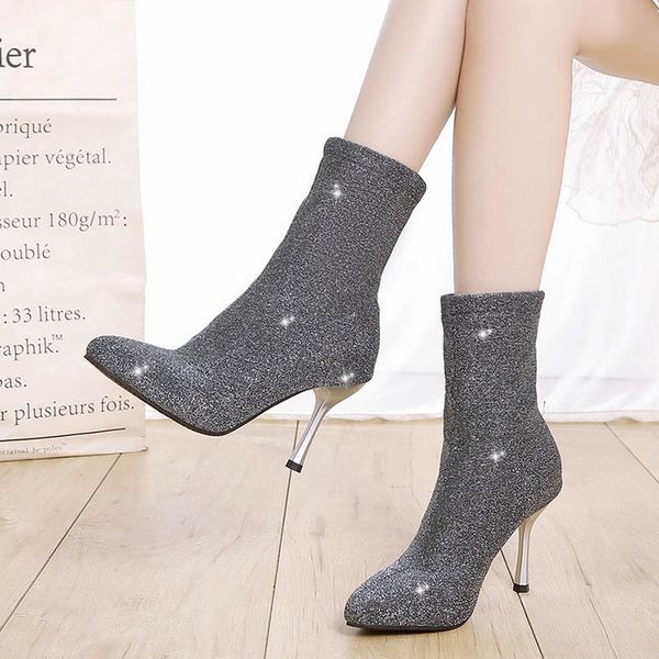

women's shoes new pointed stiletto boots women's nightclub style high heels boots elastic socks women, Black