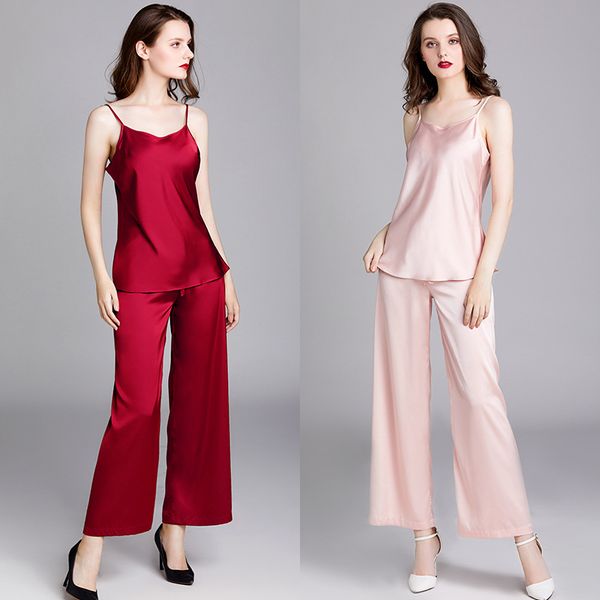 

home lounge wear 2 piece pajamas set pijama pants suit pajamas for women sleepwear silk satin sleep bottoms pyjamas women, Black;red