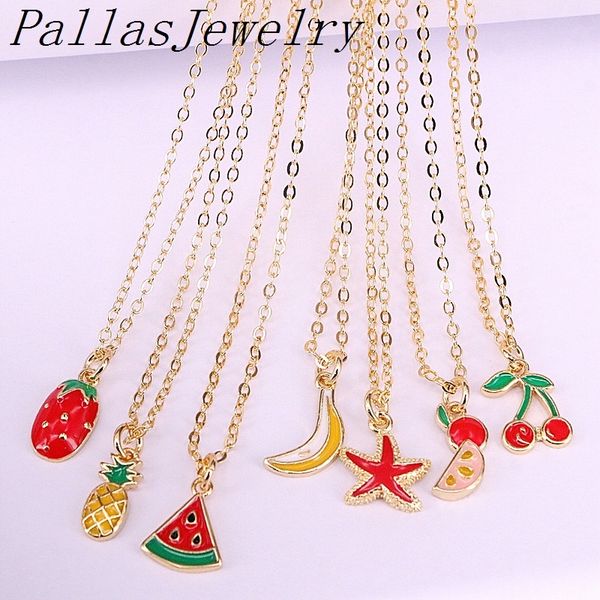 

10pcs mini fashion colorful enamel watermelon fruits pineapple pendant necklace golden jewelry charm necklaces for women girl, Silver