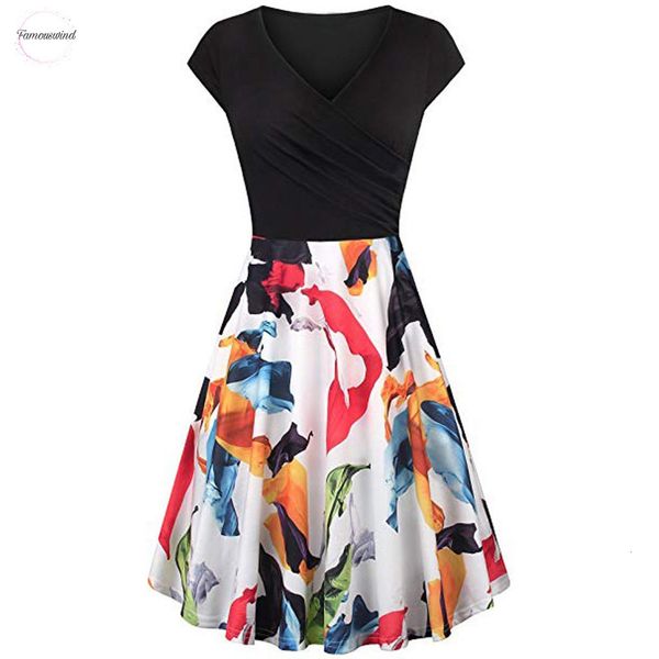 

элегантный черный платье дамы с коротким рукавом крест v шеи платья vintage flared линия платье vestidos партии femme дизайнер одежды, Black;gray