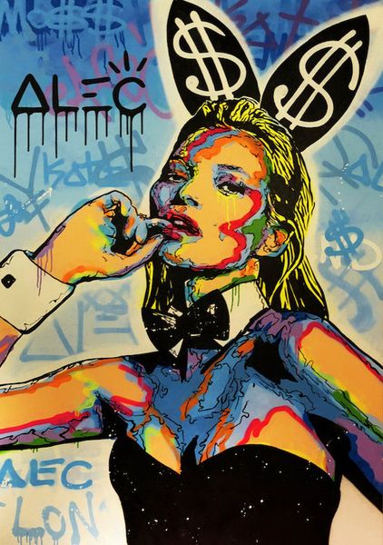 

alec monopoly oil painting on canvas graffiti art kate moss rabbit home decor handpainted &hd print wall art canvas pictures 191027