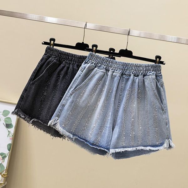 

2020 new summer women personality sequined plus size 5xl denim shorts ladies chic elastic high waist streetwear jeans shorts t92, Blue