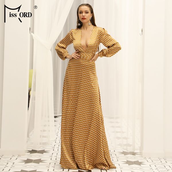 

missord 2020 spring and summer deep-v small dot split beach elegant floor-length dress ft18443, Black;gray