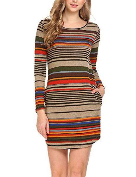

beautytalk womens long sleeve pocket dress stripe casual t shirt dress, Black;gray