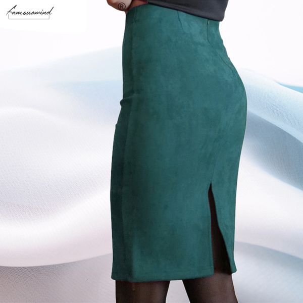 

women deals skirt super suede solid split color pencil female spring autumn basic high waist bodycon knee length skirts, Black