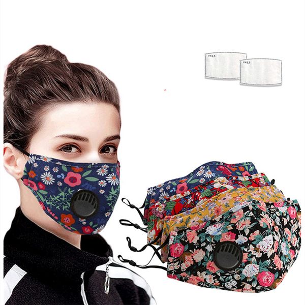 

new floral print mask with breather valve with 2pcs filter breathable mouth masks anti dust reusable housekeeping designer mask t2i5933