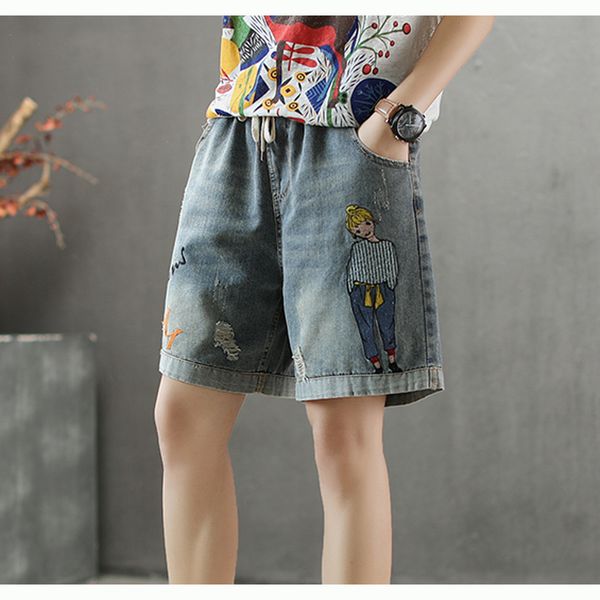 

women denim straight short cartoon embroidery retro vintage casual fashion for summer big loose elastic waist az56204018, Blue