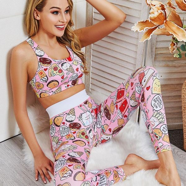 

2020 seamless gym set women patchwork cute cartoon print yoga suit workout sports string vest legging athletic sets #c