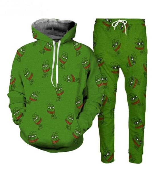 

pepe frog hoodies suits men's sweatshirt joggers funny animal print set 2019 fall winter 3d tracksuit pants, Black