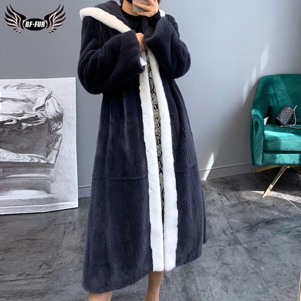 

luxury fashion women long coat with hood full pelt genuine jacket winter woman outwear natural fur coats 2019, Black