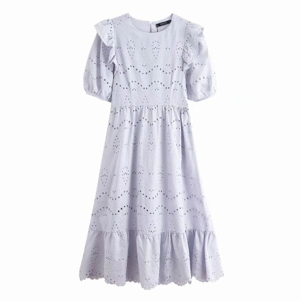 

casual woman hollowing embroidery o neck lantern sleeve midi dress 2020 new fashion ladies ruffle hem loose dresses d5599, Black;gray