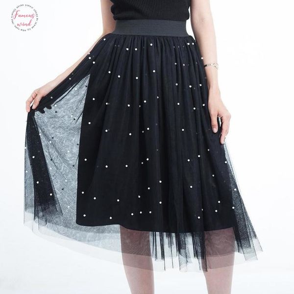 

3 layers tulle beading women skirts 2020 spring mesh tulle skirt with bead tutu elastic waist pleated skirt, Black