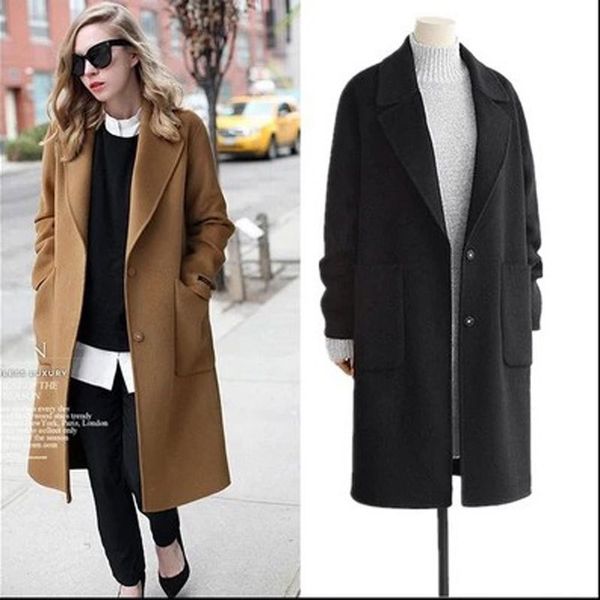 

wool blend long sleeve lapel buttons coat women thick warm vintage black camel jacket cocoon style trench coats plus size 5xl-85