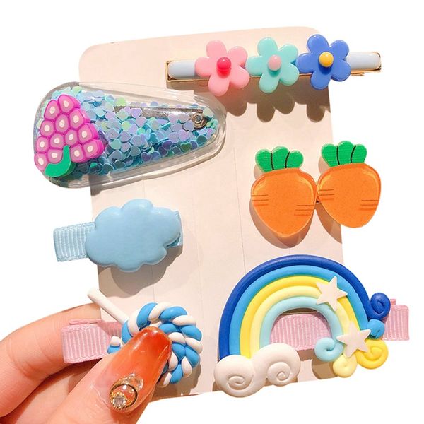 

6pcs/set baby sweet cartoon hair clip for children girl colorful fruit flowers barrette hairpin hair accessories new, Slivery;white