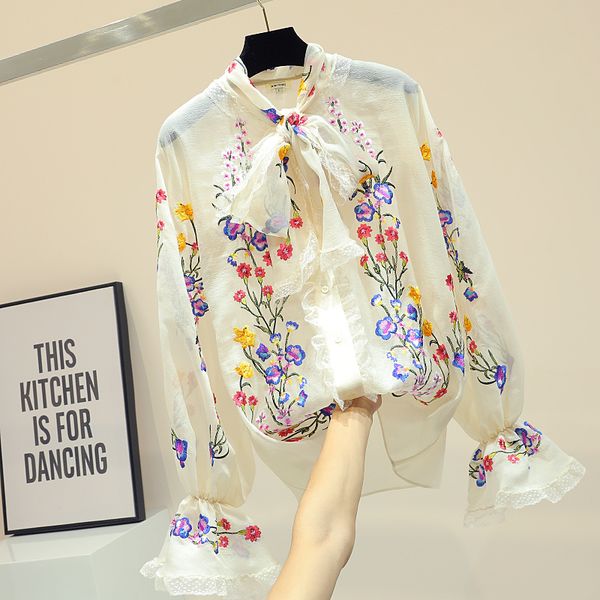 

embroidery flower shirt woman's korean bow knot shirts female new fashion horn sleeve chiffon blouse summer spring blusas girls, White