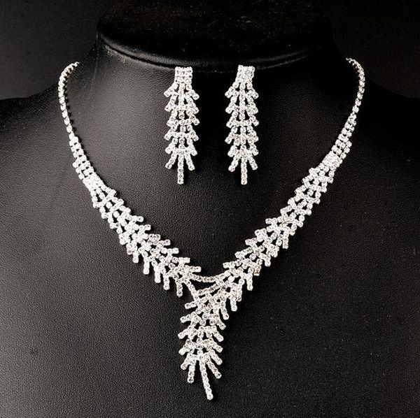 

ladies personality new europe and america rhinestone set necklace fashion feather exaggerated bride wedding wholesale jewelry, Silver