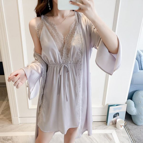 

2019 spring women lace silk robe & gown set solid sleep dress bathrobe two piece robe bridesmaid wedding sleepwear, Black;red