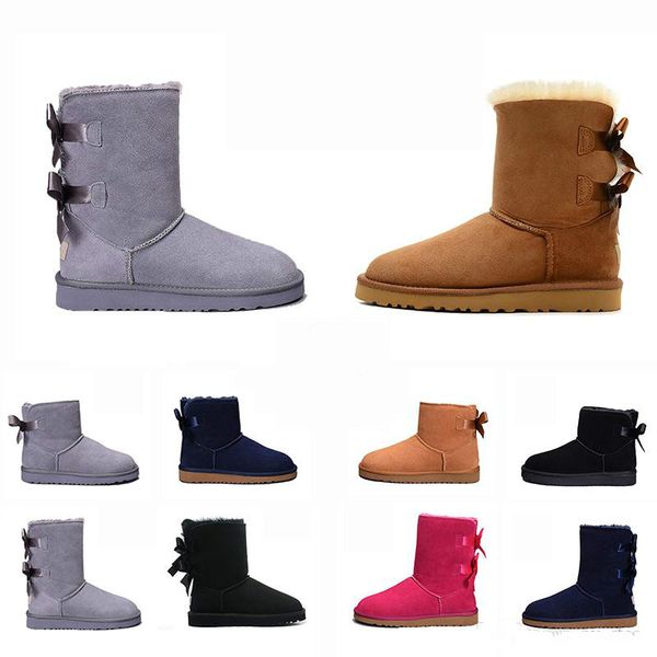 

luxury designer women snow boots classic tall chestnut bailey bowknot leather fur winter snowboots ankle womens half knee australian boots, Black