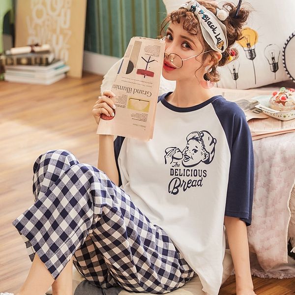 

pajamas women's clothes trousers home clothes cotton short-sleeved trousers two-piece set round neck casual home wear, Blue;red