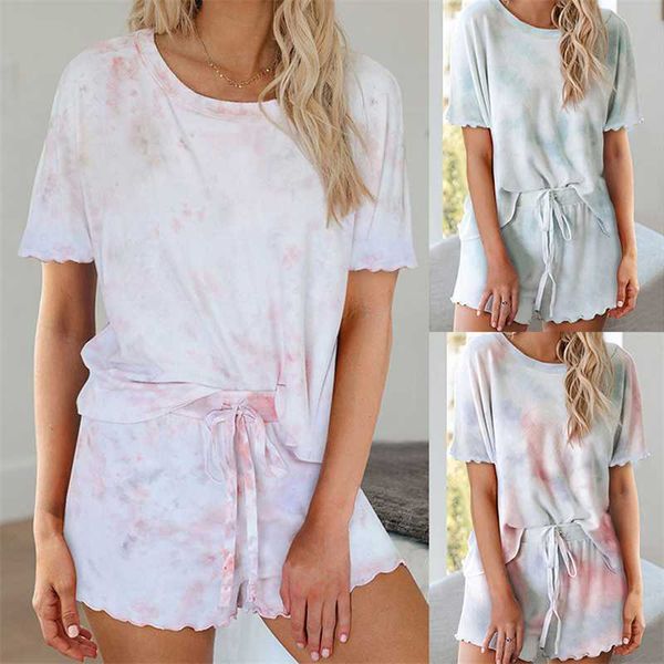 

summer women suit set women tie dye set o neck short sleeve shirt & biker shorts casual two piece sets white outfit suit