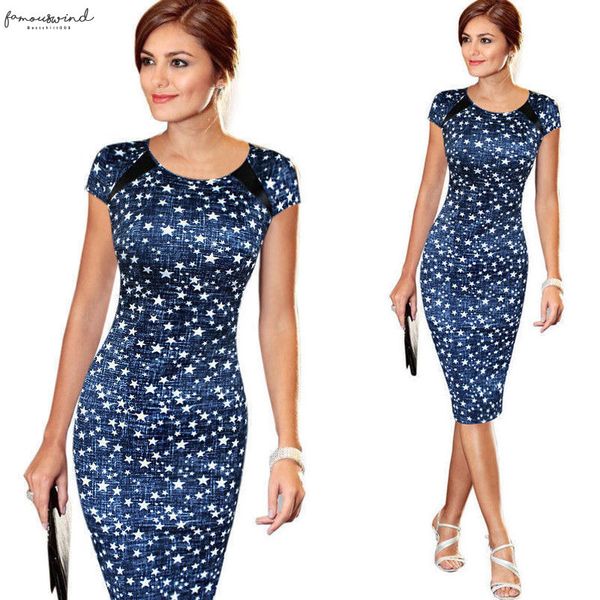 

elegant polyester womens short sleeve dot star print dress formal business work sheath pencil knee length dresses evening party vestidos, Black;gray