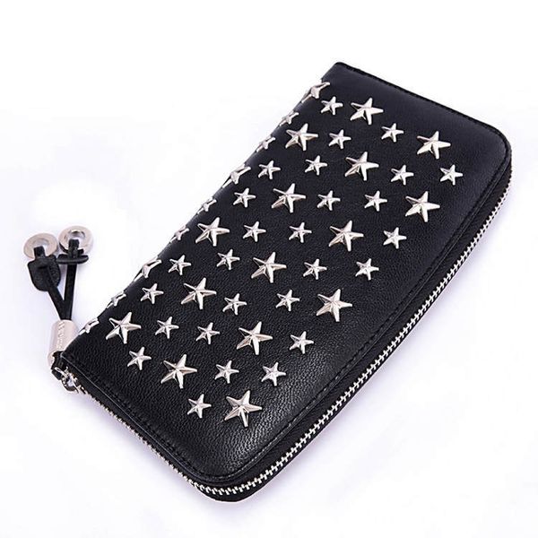 

five-pointed star rivet wallet leather long zipper multi-card wallet neutral hand bag genuine leather mens wallets, Red;black