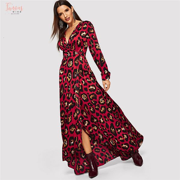 

v шеи леопардовый стихарь wrap рождество платья женщин 2019 корейский весна длинные рукава партии макси платье элегантное платье, Black;gray