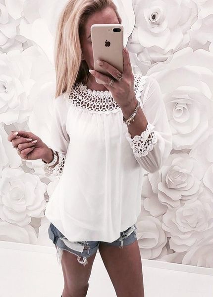 

fashion women blouses chiffon shirts lace long sleeve loose casual loose lace shirt solid white blouse shirts i