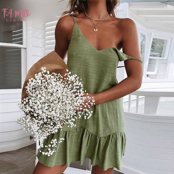 

mini summer spaghetti strap dress backless off shoulder yellow white green ruffle linen sundress above knee mini beach dress women, Black;gray