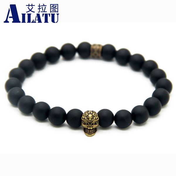 

ailatu brand jewelry wholesale 8mm black matte onyx stone bead with antique bronze skull summer bracelets, Golden;silver
