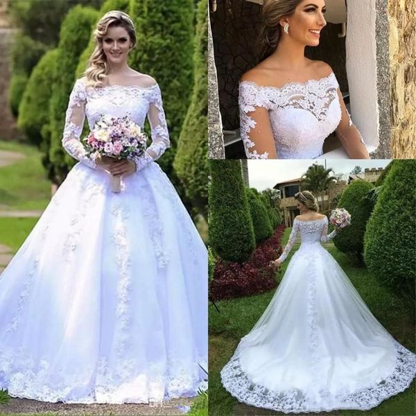 Bianco elegante maniche lunghe abiti da pizzo A Abiti da sposa a linea Bateau Neck Tulle Applique Beaded Court Court Treno Abito da sposa