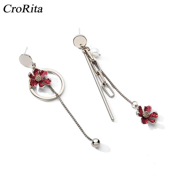 

crorita asymmetric earrings vintage floral long tassel ear drop alloy crystal korean fashion women earrings 2020, Silver