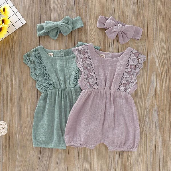 

summer baby girl rompers newborn baby clothes toddler flare sleeve solid lace design romper jumpsuit ff with headband one-pieces, Blue
