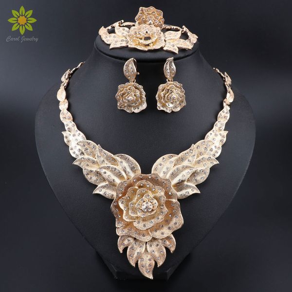 

fashion charm african bride flower shaped necklace bracelet earrings ring set classic style wedding dubai women jewelry set, Slivery;golden