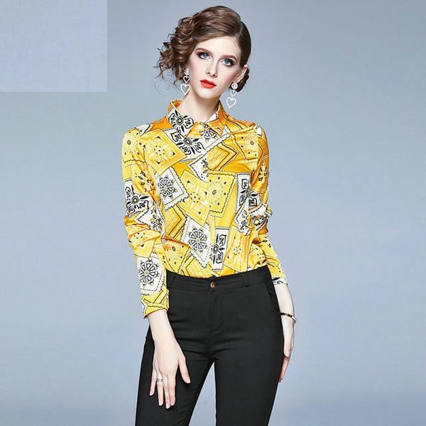 

new runway autumn fashion vintage print blouses shirt elegant long sleeve chiffon blouse women casual loose work wear, White