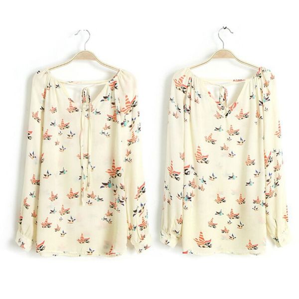 

2020 fashion women chiffon blouse short long sleeve dove print casual loose shirt women clothes, White