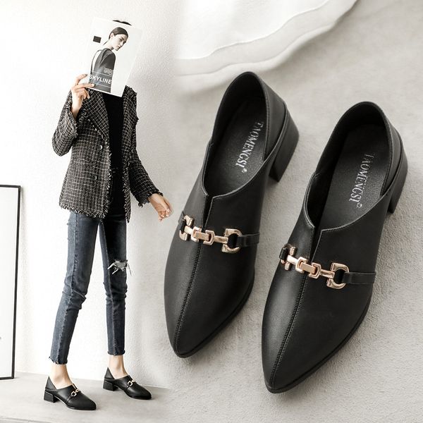 

2020 new single shoes women's shoes leather fashion metal buckle comfortable large size 33-43 wild flats, Black