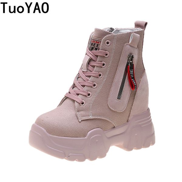 

осени способа женщин ботильоны walking ladies canvas boots 2019 high платформа кроссовки 10cm клинья каблуках женщина зимы, Black