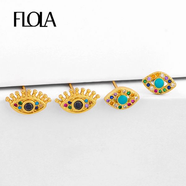 

flola multicolor blue evil eye earrings for women crystal small turkish eye stud earrings cz rainbow jewelry olho grego erst35, Golden;silver