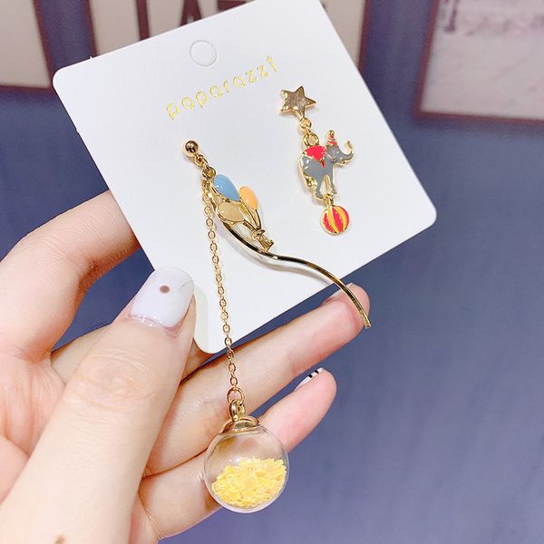 

creative cartoon cute circus elephant balloon quicksand glass ball asymmetry earrings personality sweet girl jewelry ear clip, Silver