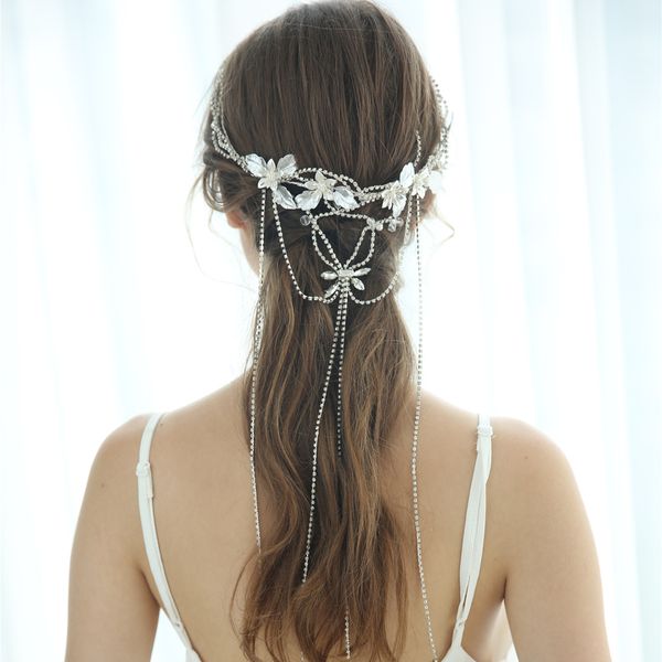 

luxury crystal wedding crown rhinestone tassels bridal headpiece silver alloy floral tiara boho brides hair jewelry 2019, Golden;white