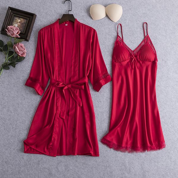 

red women robe set satin 2pcs sleepwear lace nighty&robe set intimate lingerie nightgown kimono bathrobe gown nightwear, Black;red