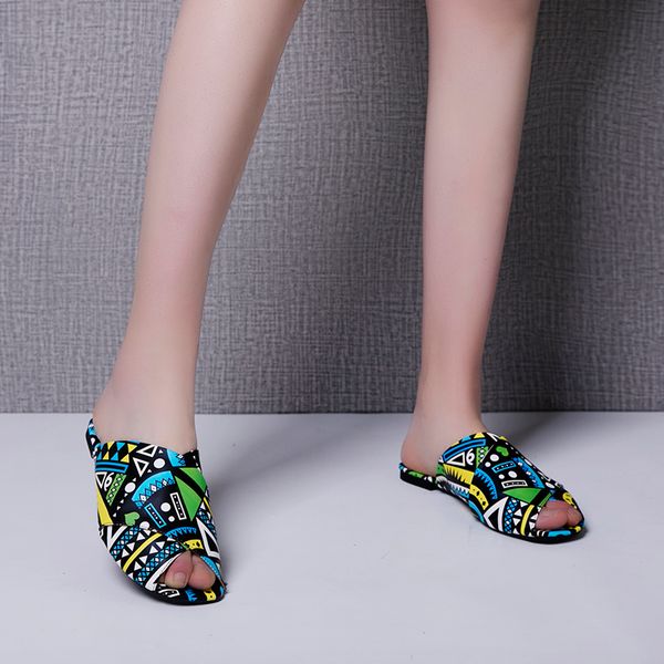 

women summer flats casual slippers sexyfemale beach sandals print fish mouth woman bohemian shoes 33-43 plus size comfortable, Black
