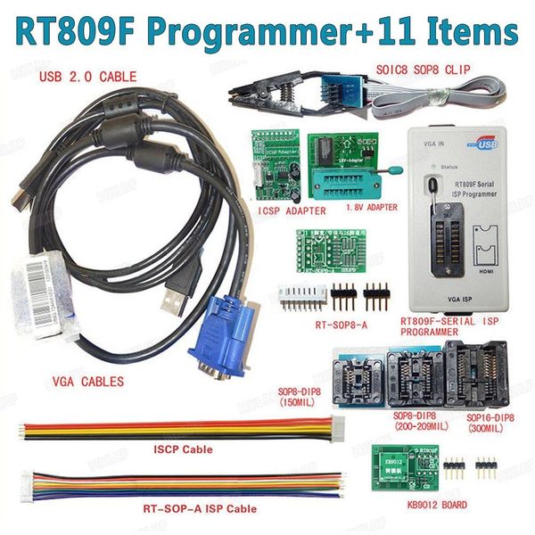 Бесплатная доставка 100% оригинальных новейших RT809F LCD ISP программатор + 11 предметов + тестовый зажим SOP8 + адаптер 1,8 В + адаптер TSSOP8 / SSOP8