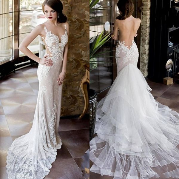 

2019 luxury sheer lace wedding dresses with detachable skirt mermaid backless plunging neckline country bridal gowns, White
