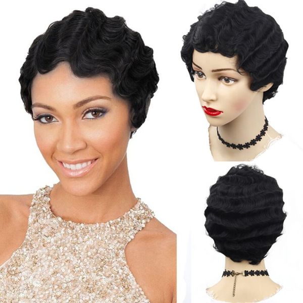 Short Deep Wave Wigs For Black Women Synthetic Retro Wig Female
