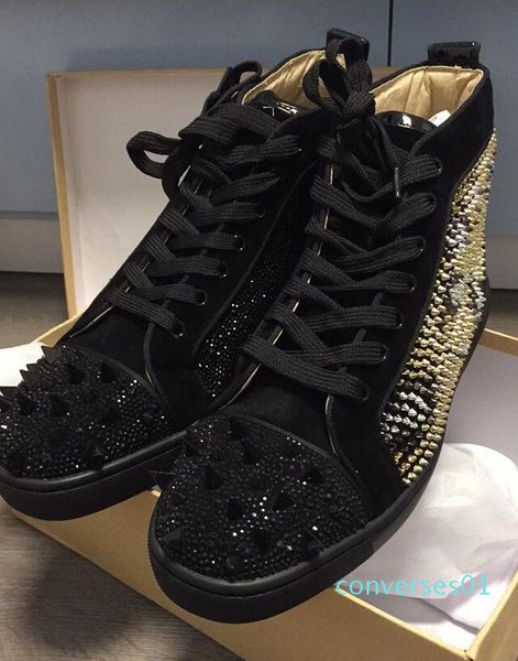 

new 2019 luxurious sneakers red bottom shoe low cut orlato spike shoes for men and women shoes party wedding crystal leather sneaker s7 co01, Black