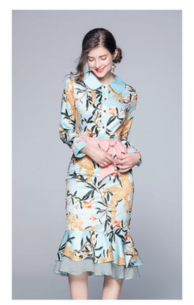 

fashionable women's printing and panelled trumpet skirt,beauty lapel neck & bow lady's midi dresses,fashion elegant girl's ca, Black;gray